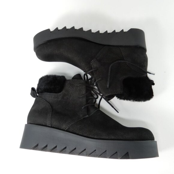 Eileen Fisher Kenille Wedge Bootie Size 6 Black Suede Genuine Shearling Trim NEW - Picture 9 of 14